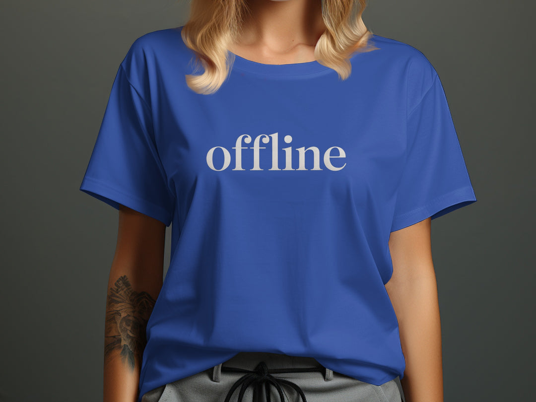 offline women’s t-shirt with minimalist corner wordmark on black