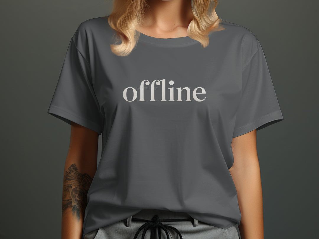 offline women’s t-shirt with minimalist corner wordmark on black