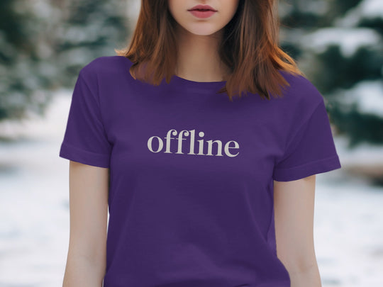 offline women’s t-shirt with minimalist corner wordmark on black