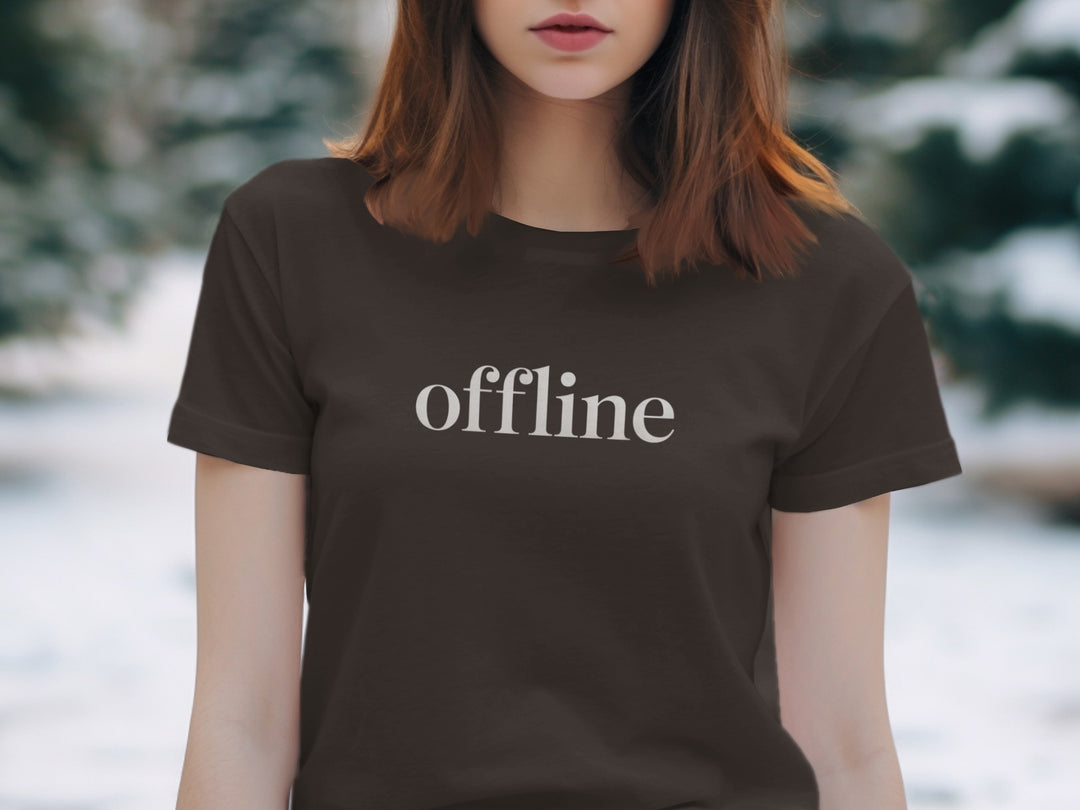 offline women’s t-shirt with minimalist corner wordmark on black