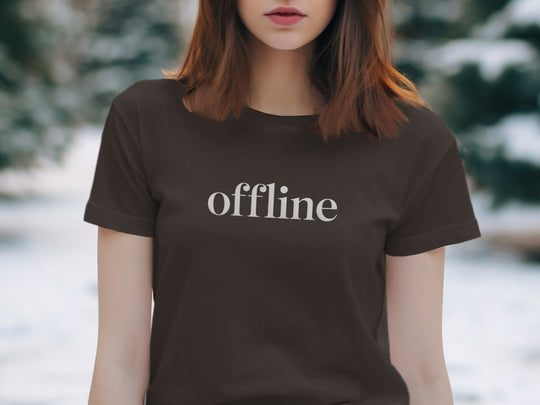 offline women’s t-shirt with minimalist corner wordmark on black