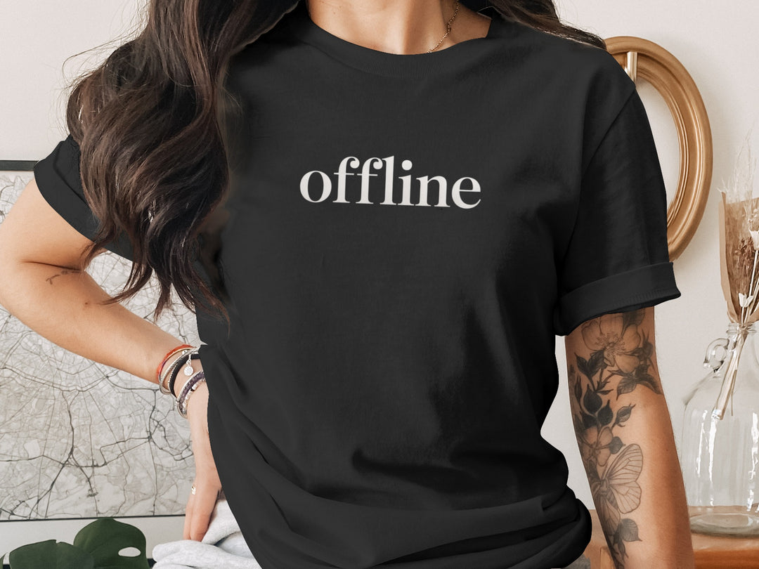 offline women’s t-shirt with minimalist corner wordmark on black