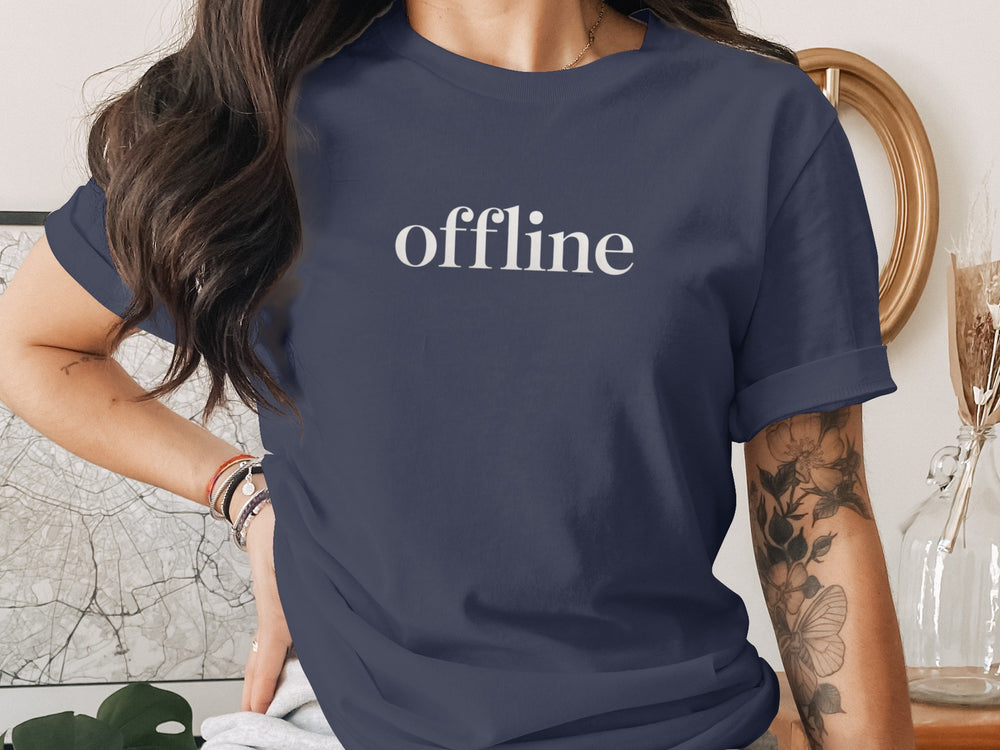 offline women’s t-shirt with minimalist corner wordmark on black