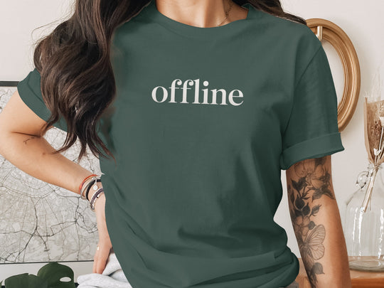 offline women’s t-shirt with minimalist corner wordmark on black
