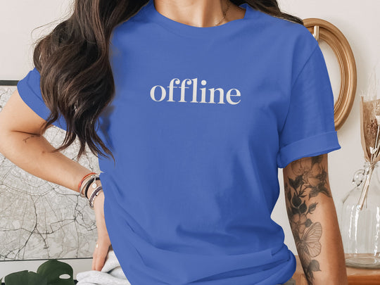 offline women’s t-shirt with minimalist corner wordmark on black