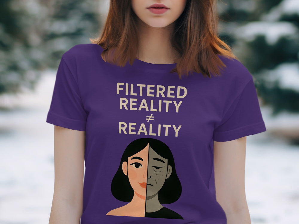 filtered reality ≠ reality split face graphic — women’s t-shirt