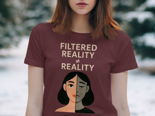 filtered reality ≠ reality split face graphic — women’s t-shirt
