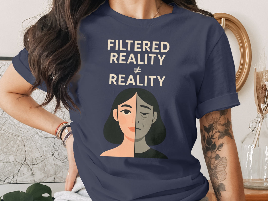 filtered reality ≠ reality split face graphic — women’s t-shirt