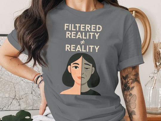 filtered reality ≠ reality split face graphic — women’s t-shirt