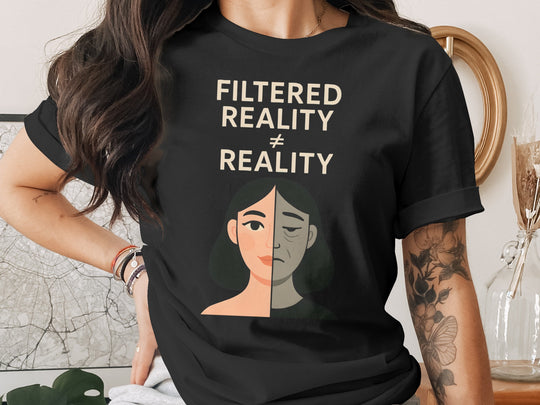 filtered reality ≠ reality split face graphic — women’s t-shirt