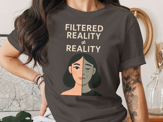 filtered reality ≠ reality split face graphic — women’s t-shirt