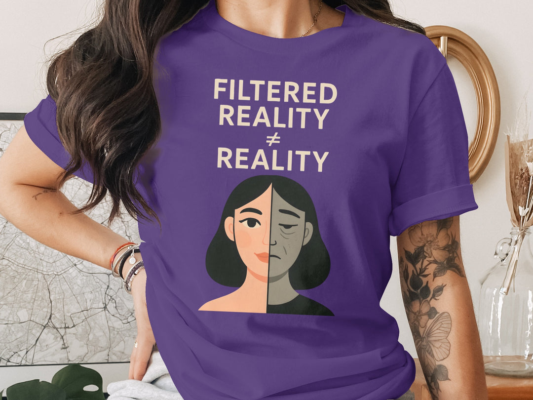 filtered reality ≠ reality split face graphic — women’s t-shirt
