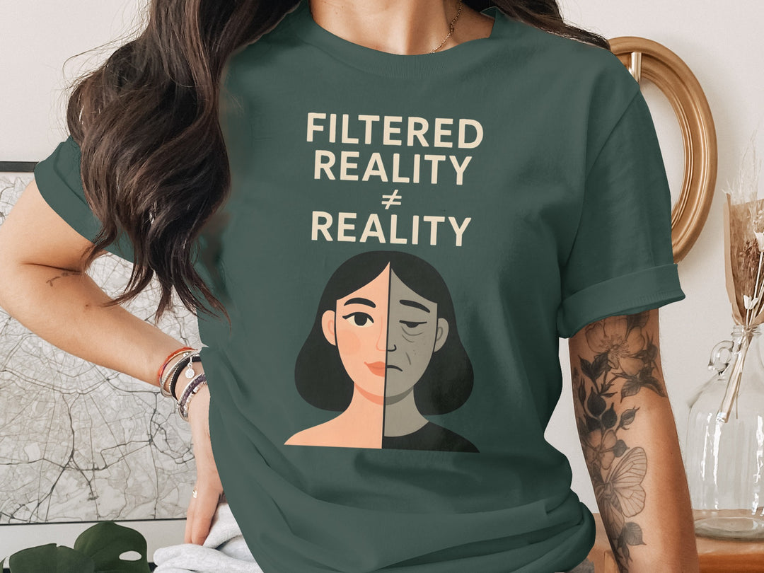 filtered reality ≠ reality split face graphic — women’s t-shirt