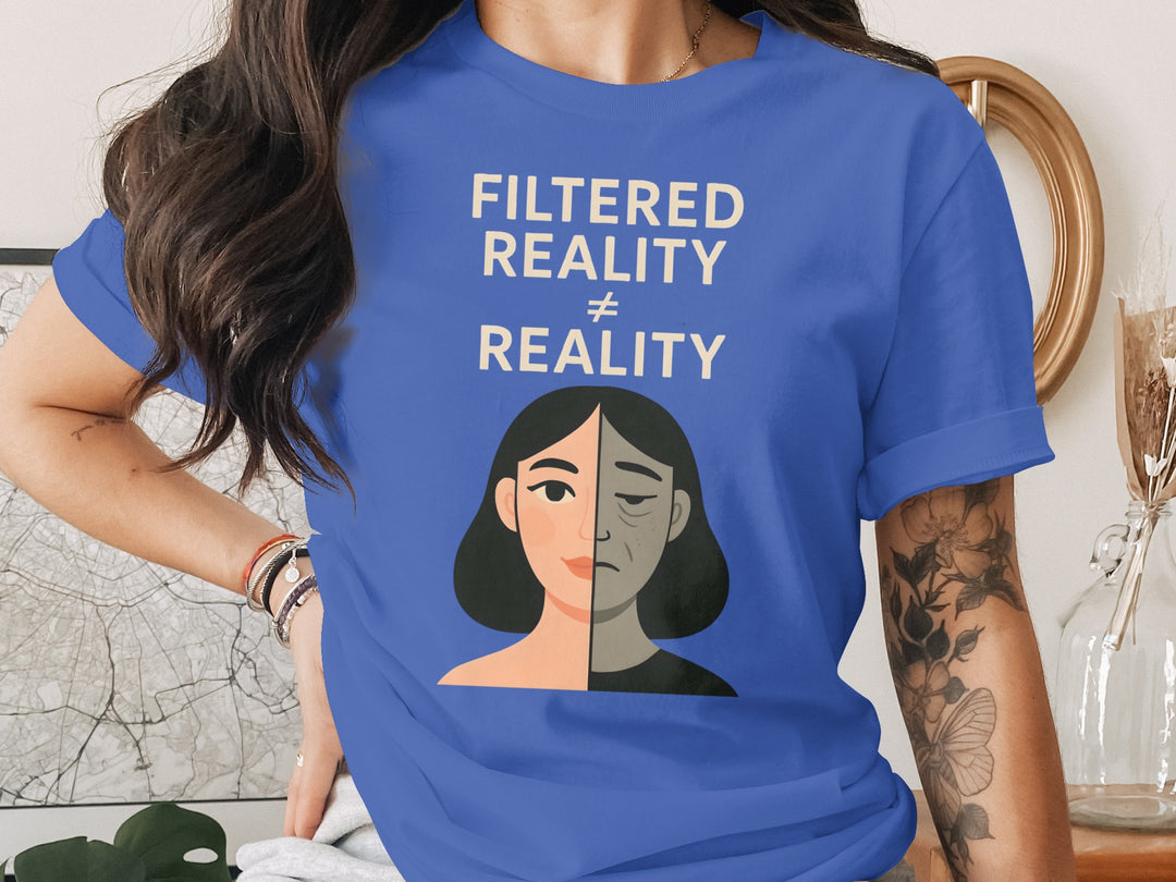 filtered reality ≠ reality split face graphic — women’s t-shirt