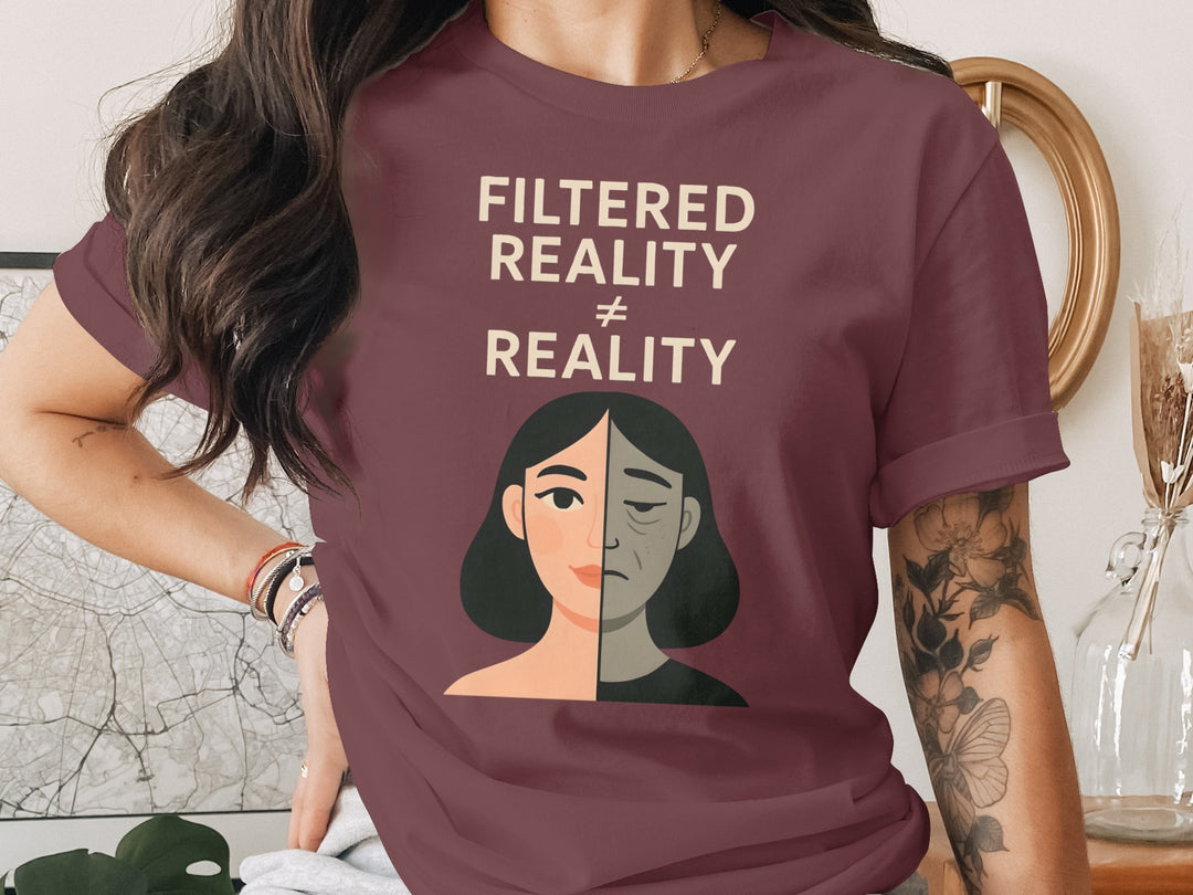 filtered reality ≠ reality split face graphic — women’s t-shirt