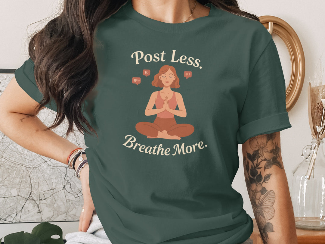post less breathe more yoga graphic — women’s t-shirt
