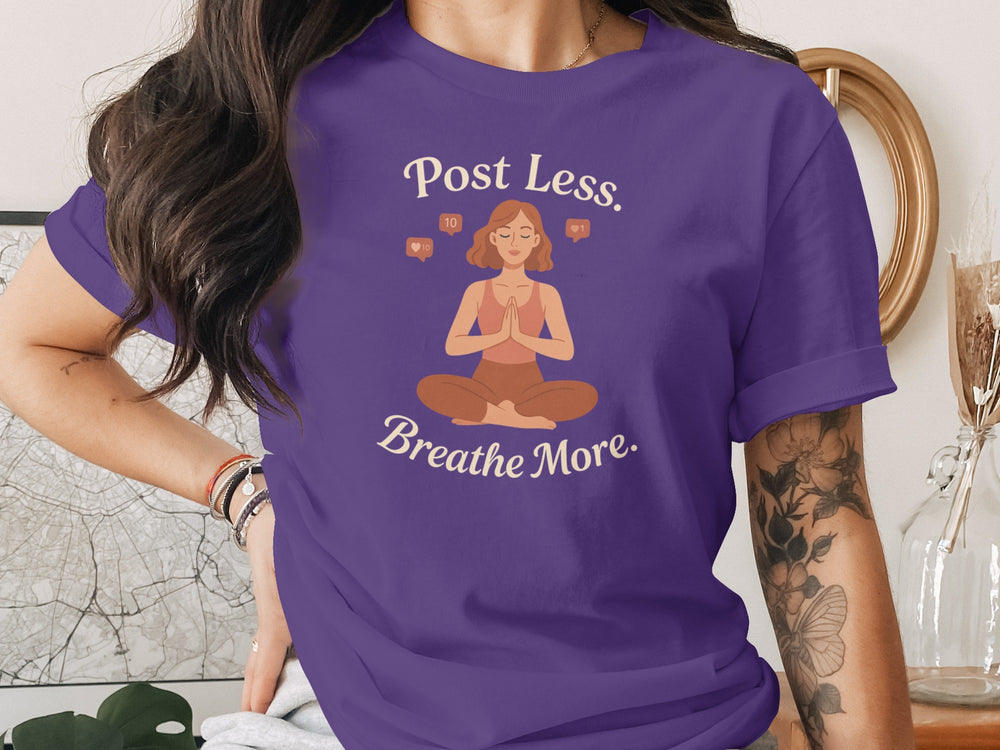 post less breathe more yoga graphic — women’s t-shirt