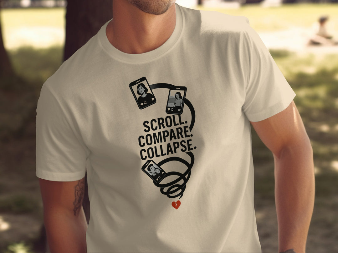 scroll compare collapse design with phone spiral — men’s t-shirt