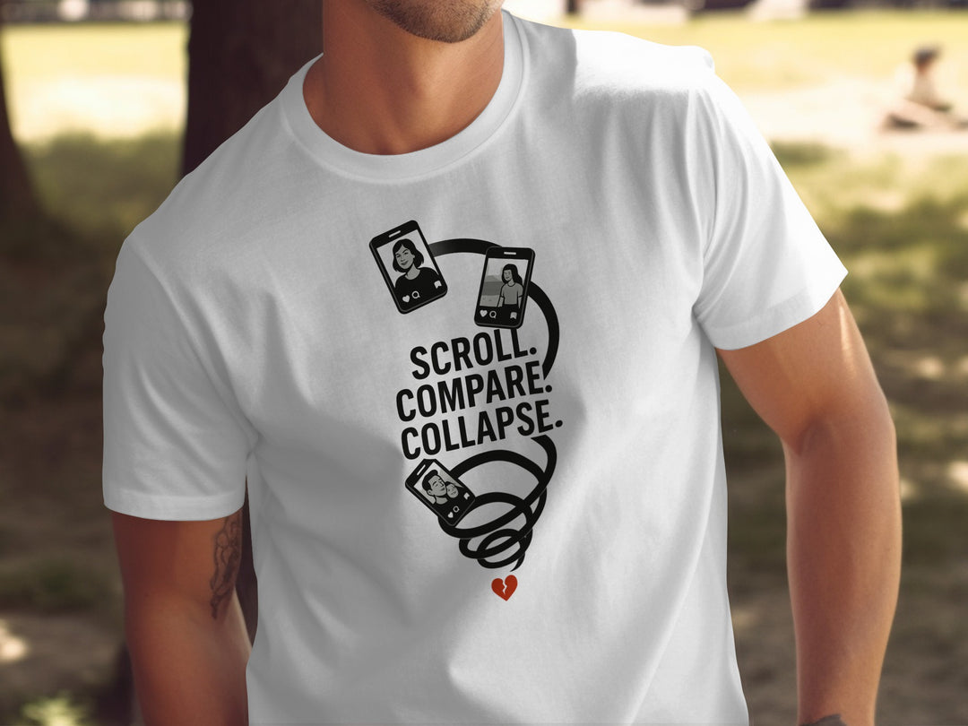 scroll compare collapse design with phone spiral — men’s t-shirt