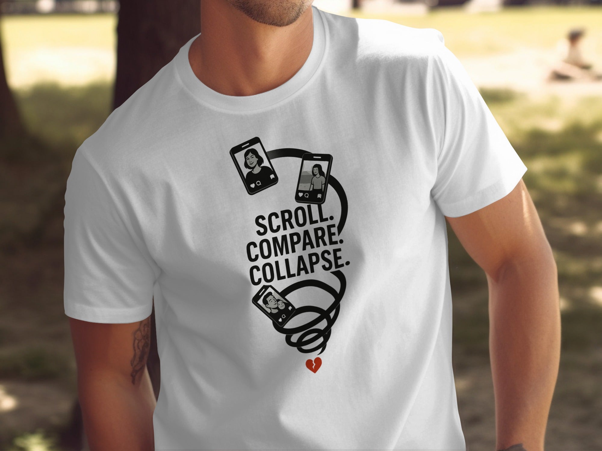 scroll compare collapse design with phone spiral — men’s t-shirt