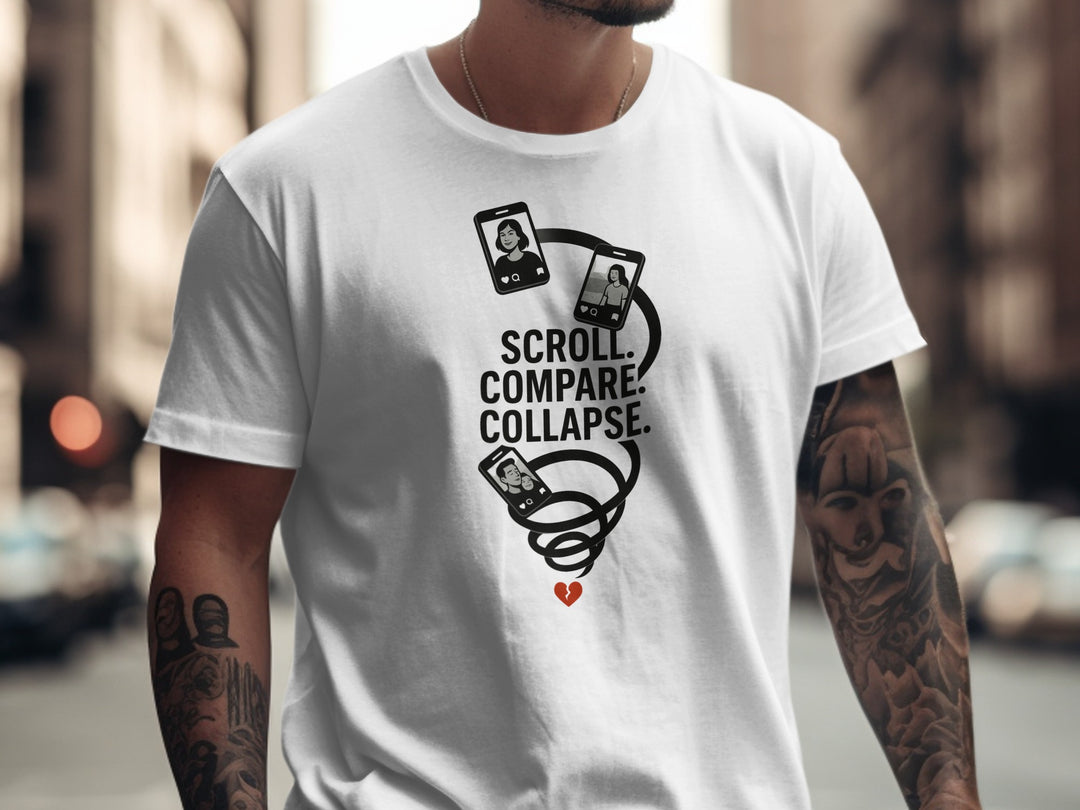 scroll compare collapse design with phone spiral — men’s t-shirt