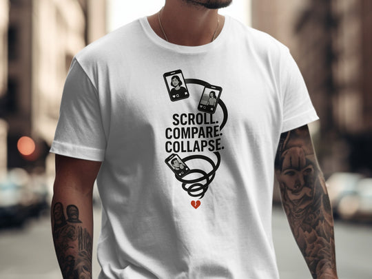 scroll compare collapse design with phone spiral — men’s t-shirt