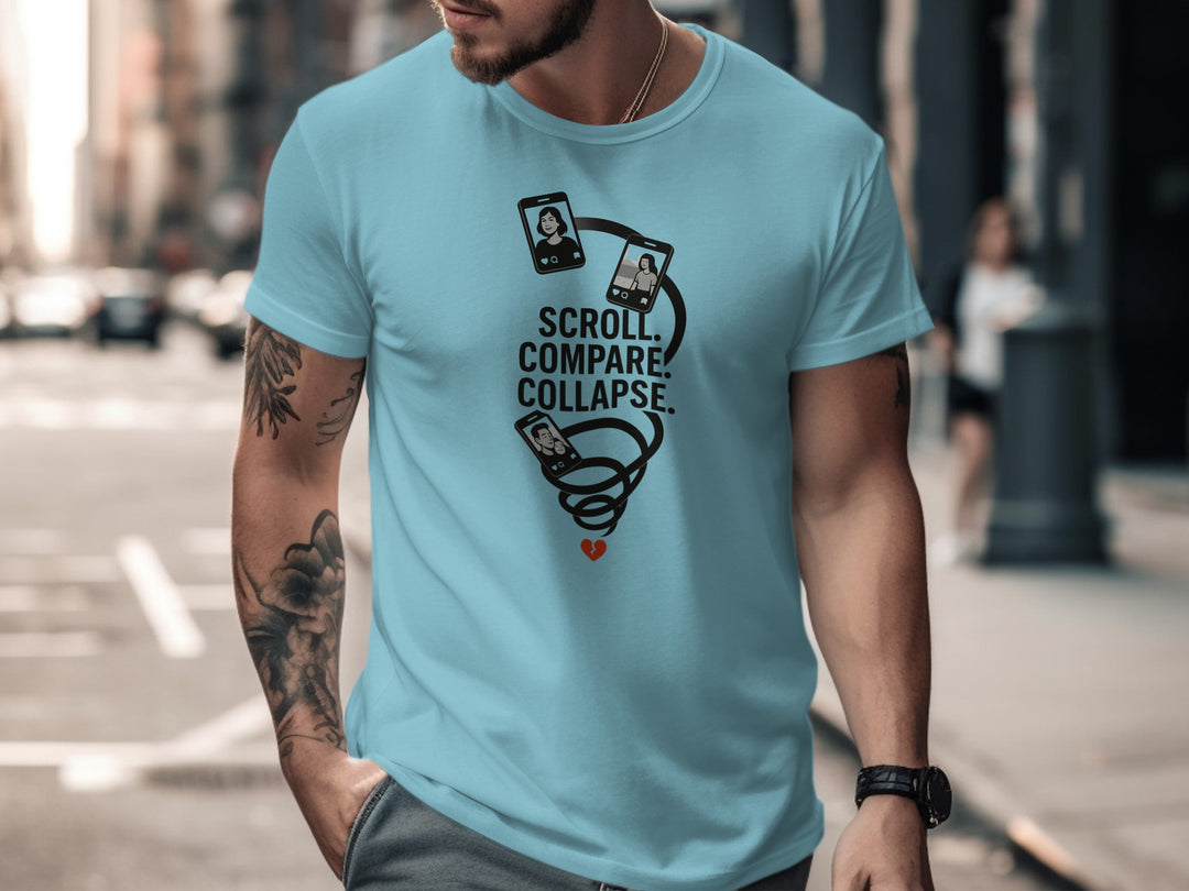 scroll compare collapse design with phone spiral — men’s t-shirt