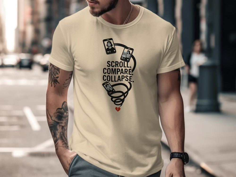 scroll compare collapse design with phone spiral — men’s t-shirt