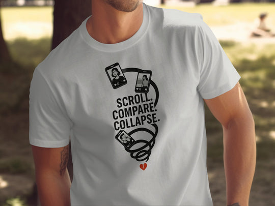scroll compare collapse design with phone spiral — men’s t-shirt