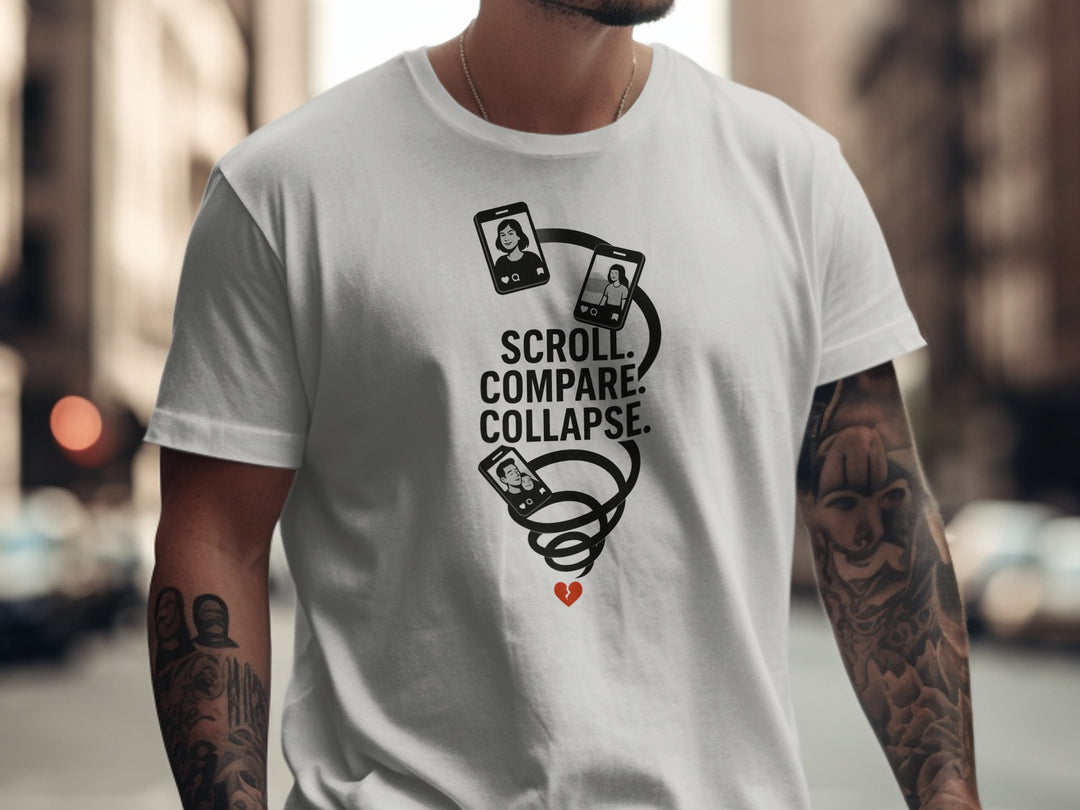 scroll compare collapse design with phone spiral — men’s t-shirt
