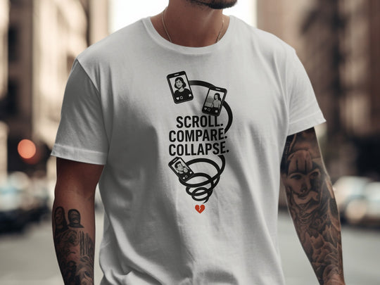 scroll compare collapse design with phone spiral — men’s t-shirt