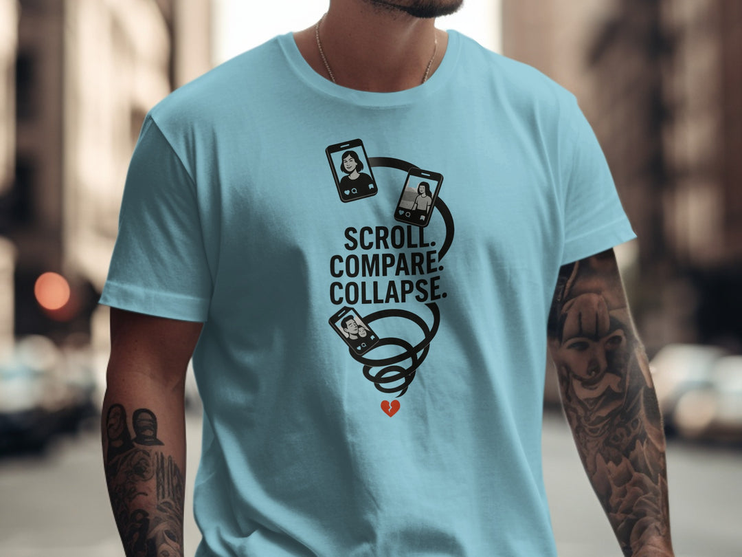 scroll compare collapse design with phone spiral — men’s t-shirt