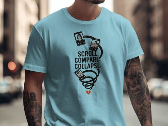 scroll compare collapse design with phone spiral — men’s t-shirt