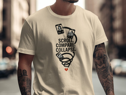 scroll compare collapse design with phone spiral — men’s t-shirt