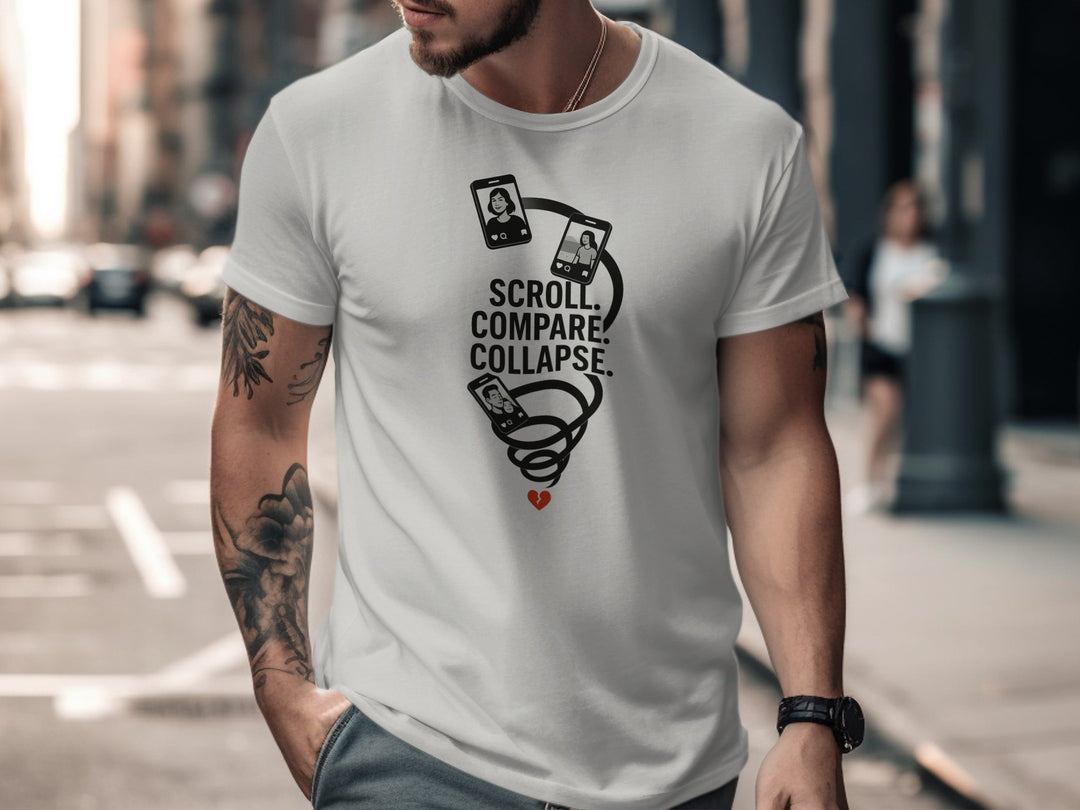 scroll compare collapse design with phone spiral — men’s t-shirt