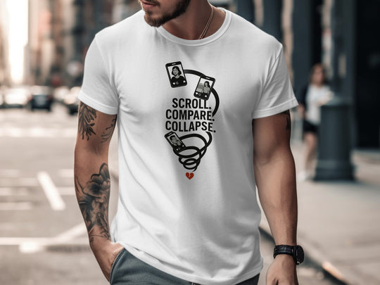 scroll compare collapse design with phone spiral — men’s t-shirt