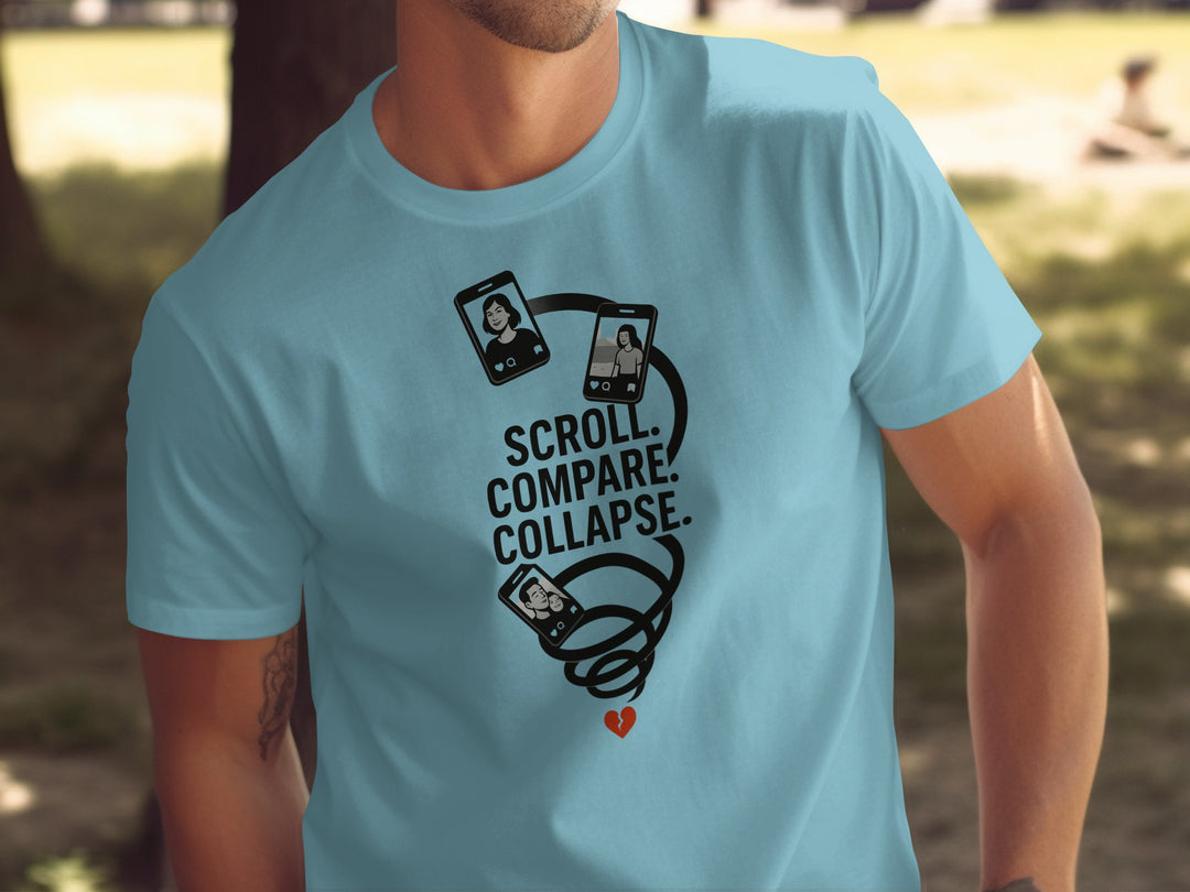 scroll compare collapse design with phone spiral — men’s t-shirt