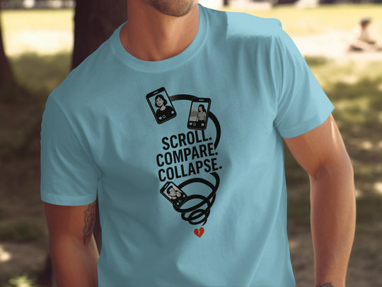 scroll compare collapse design with phone spiral — men’s t-shirt