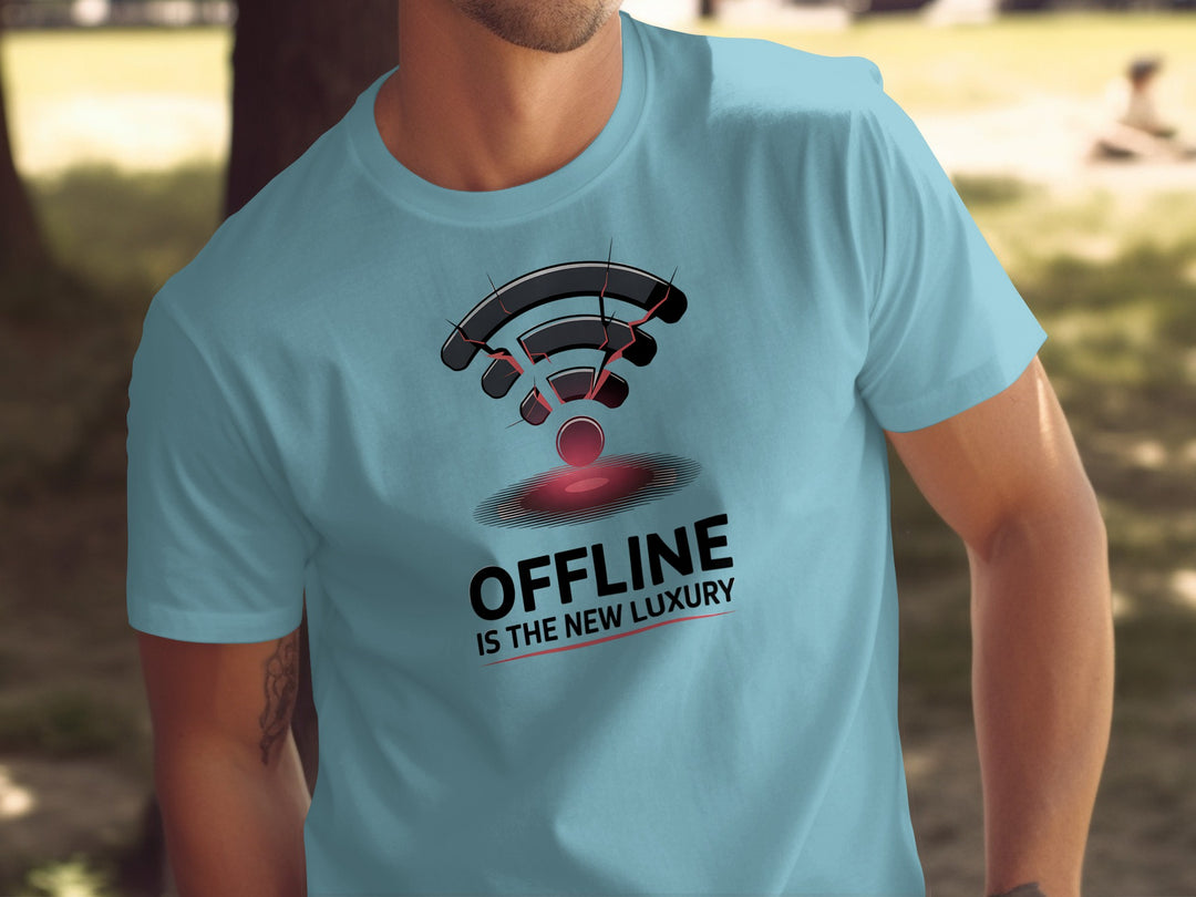 offline is the new luxury t-shirt with cracked wifi icon — men’s graphic tee
