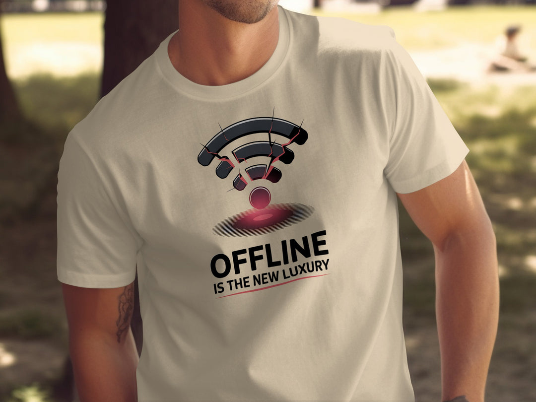 offline is the new luxury t-shirt with cracked wifi icon — men’s graphic tee