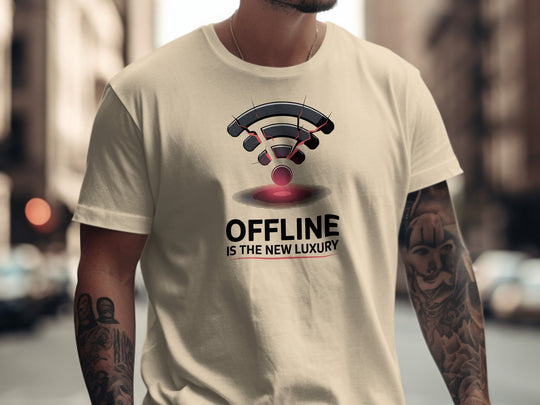 offline is the new luxury t-shirt with cracked wifi icon — men’s graphic tee