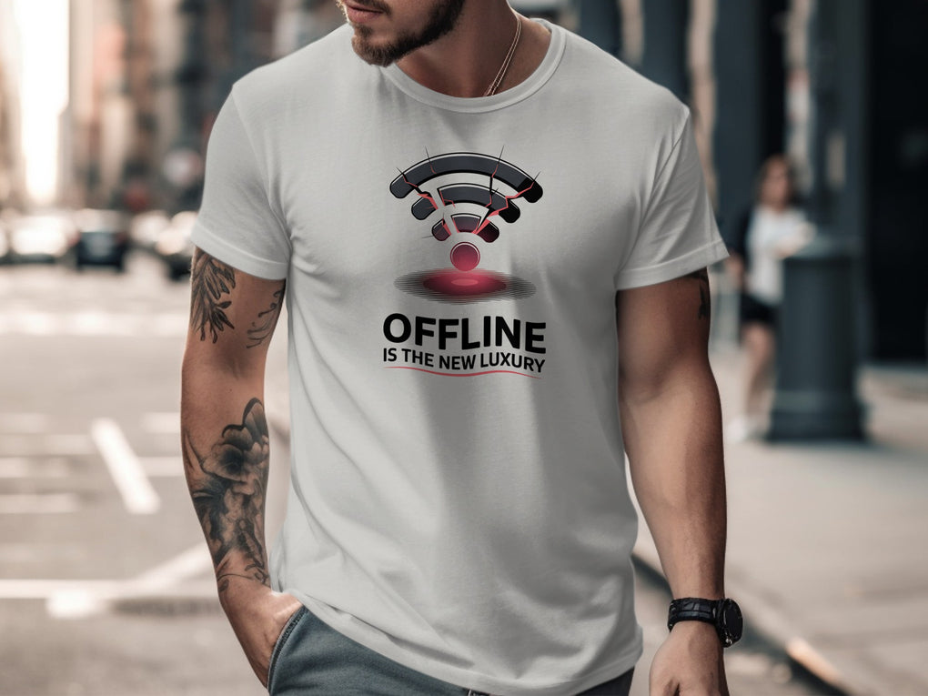 offline is the new luxury t-shirt with cracked wifi icon — men’s graphic tee