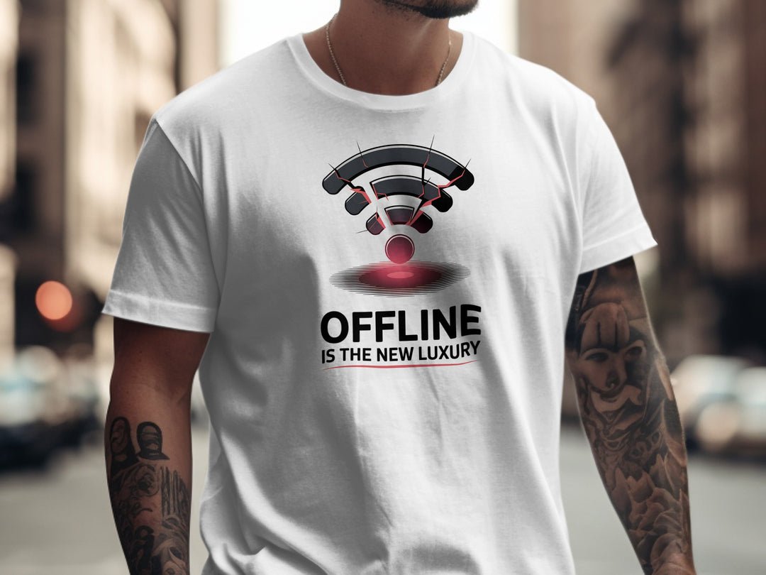 offline is the new luxury t-shirt with cracked wifi icon — men’s graphic tee