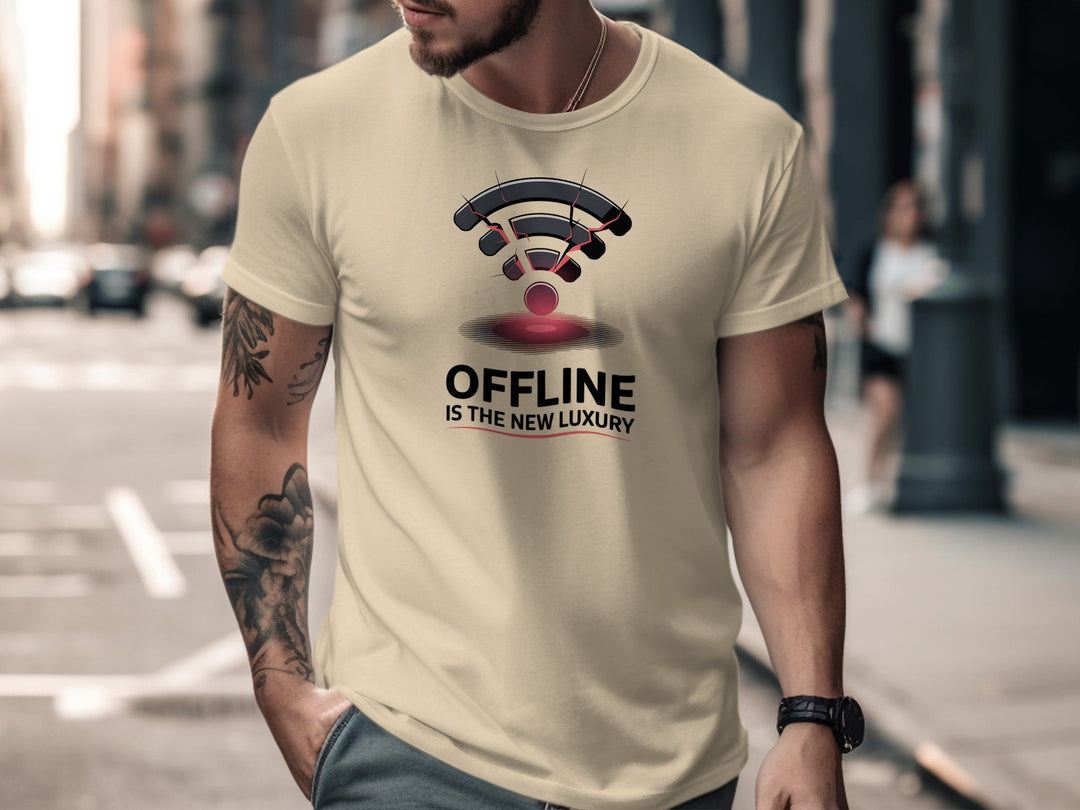 offline is the new luxury t-shirt with cracked wifi icon — men’s graphic tee