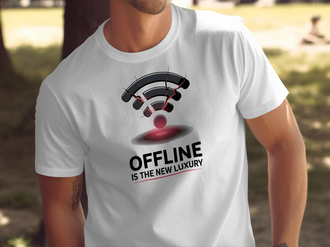offline is the new luxury t-shirt with cracked wifi icon — men’s graphic tee