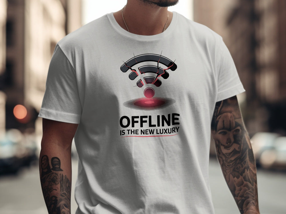 offline is the new luxury t-shirt with cracked wifi icon — men’s graphic tee