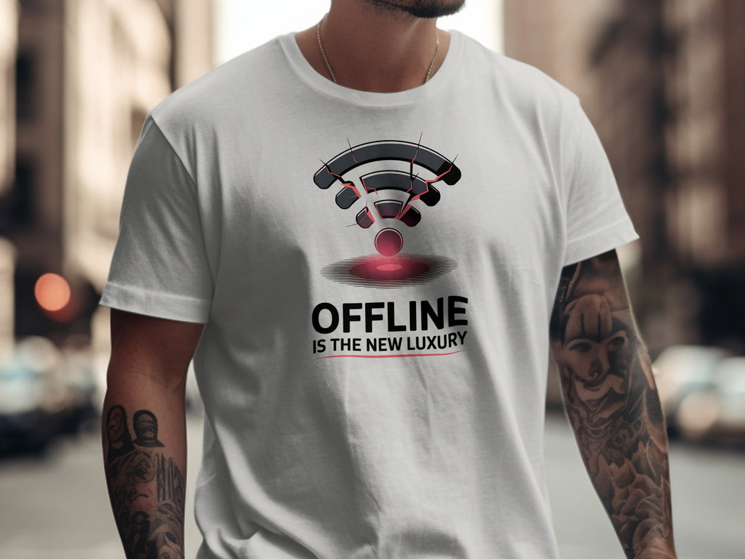 offline is the new luxury t-shirt with cracked wifi icon — men’s graphic tee