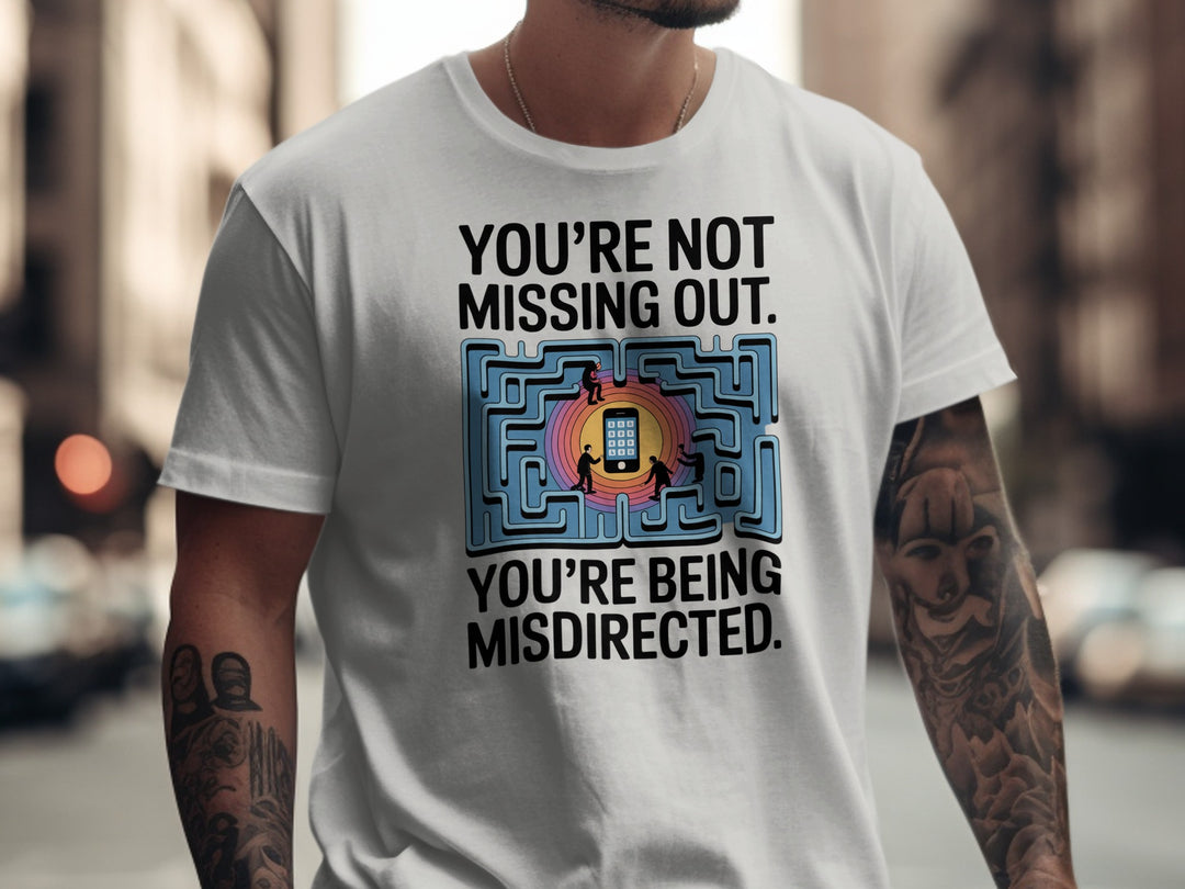 not missing out t-shirt with maze phone graphic — men’s tee