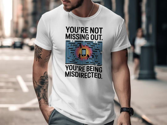 not missing out t-shirt with maze phone graphic — men’s tee