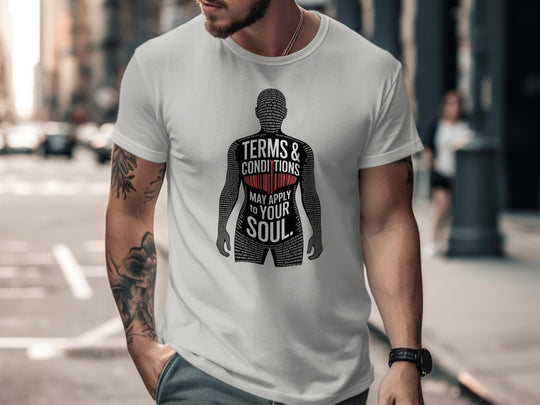 terms and conditions t-shirt with barcode heart silhouette — men’s tee